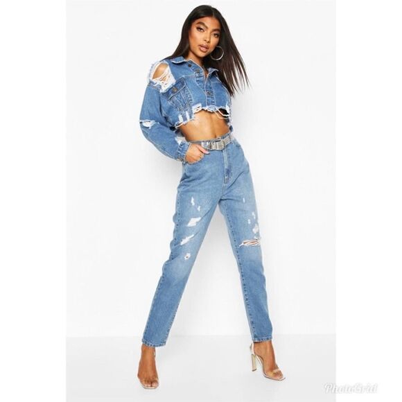 BOOHOO NWT Medium Denim Wash Mom Distressed Ripped Jeans, 8 Tall - Picture 5 of 10